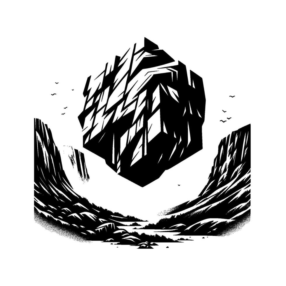 Geometric abstract illustration of a canyon landscape with a floating, fragmented dark hexagon and birds, in black and white. vector