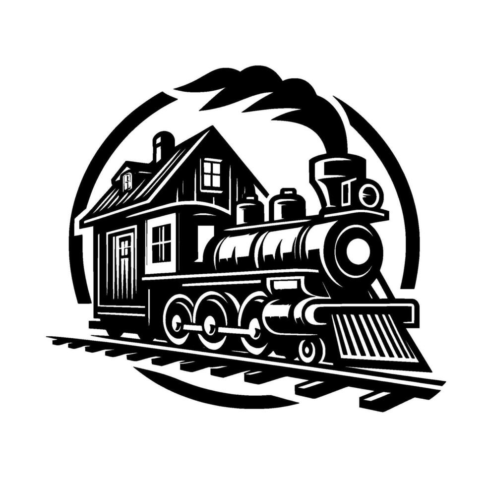 Of a steam trainhouse fusion, black and white, within a circular frame, on tracks, releasing smoke. vector