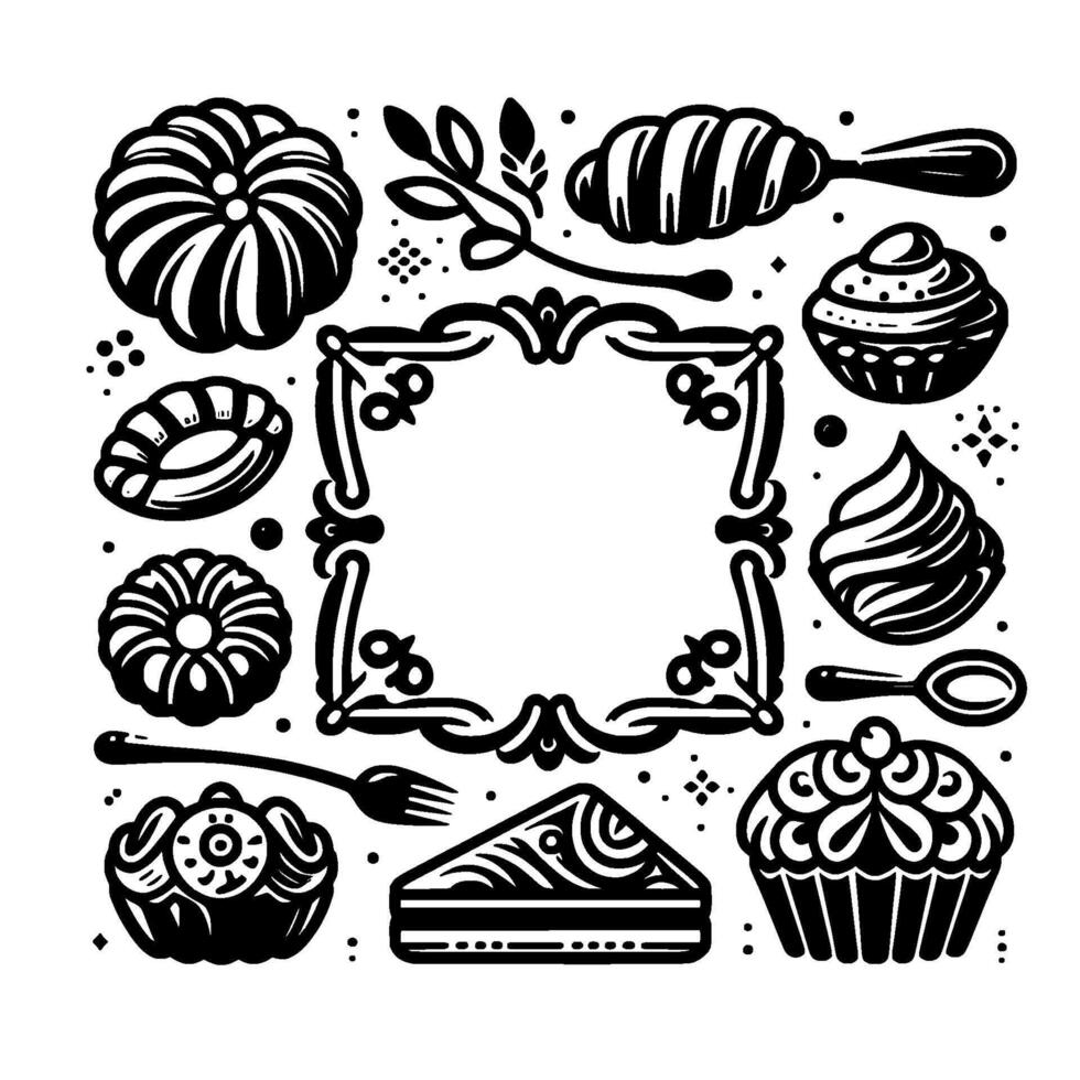 Artistic monochrome bakerythemed illustration featuring various pastries, frame, and utensils, ideal for decorative design. vector