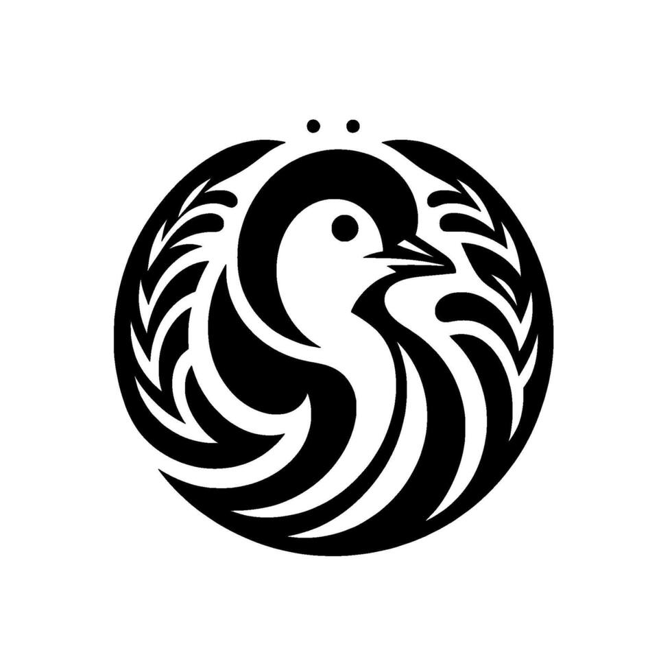 Elegant black and white bird within a circular frame, featuring a minimalist style with artistic feather and leaf elements. vector