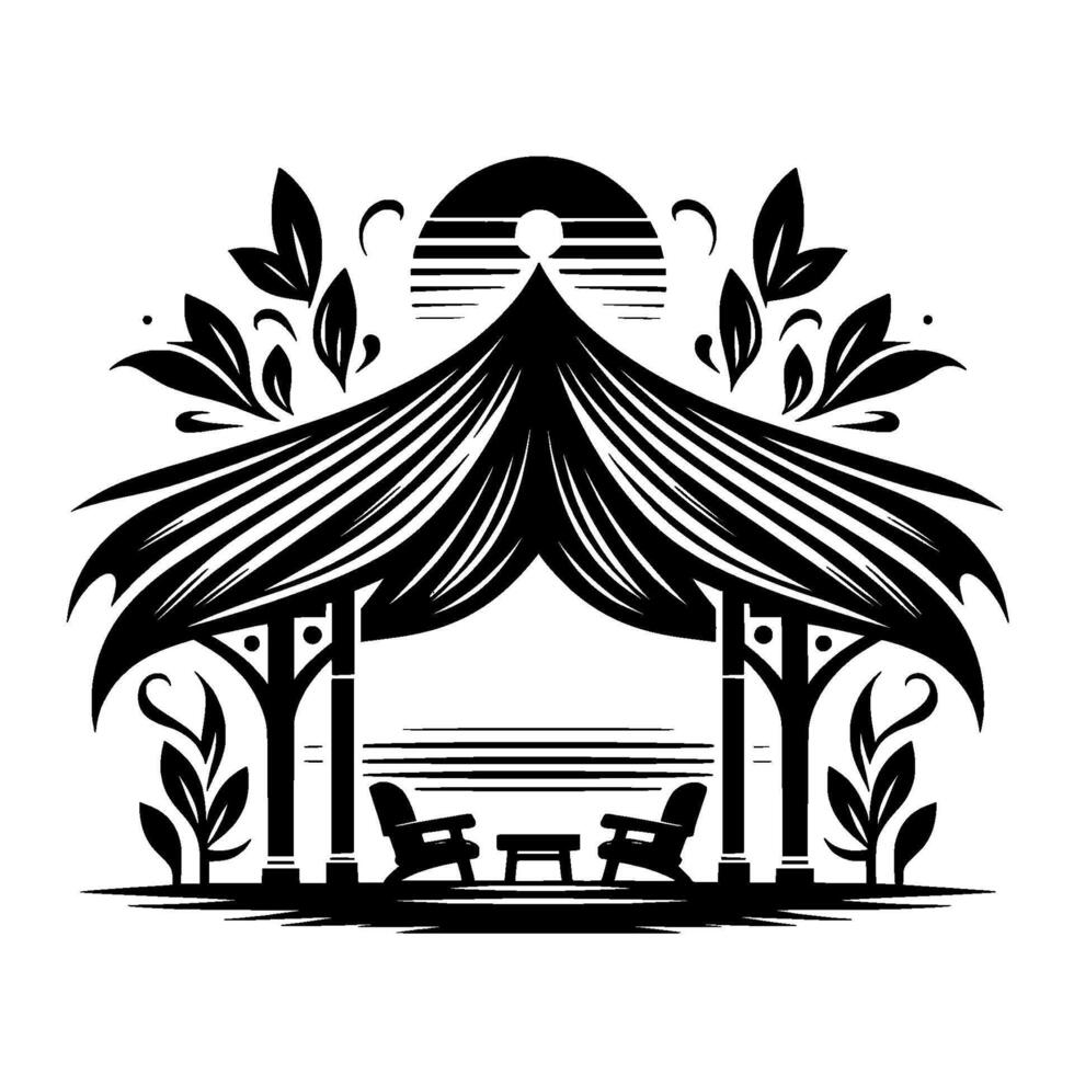 Intricate monochrome illustration of a tranquil gazebo with adirondack chairs, table, and natural foliage accents beneath a stylized sunset. vector
