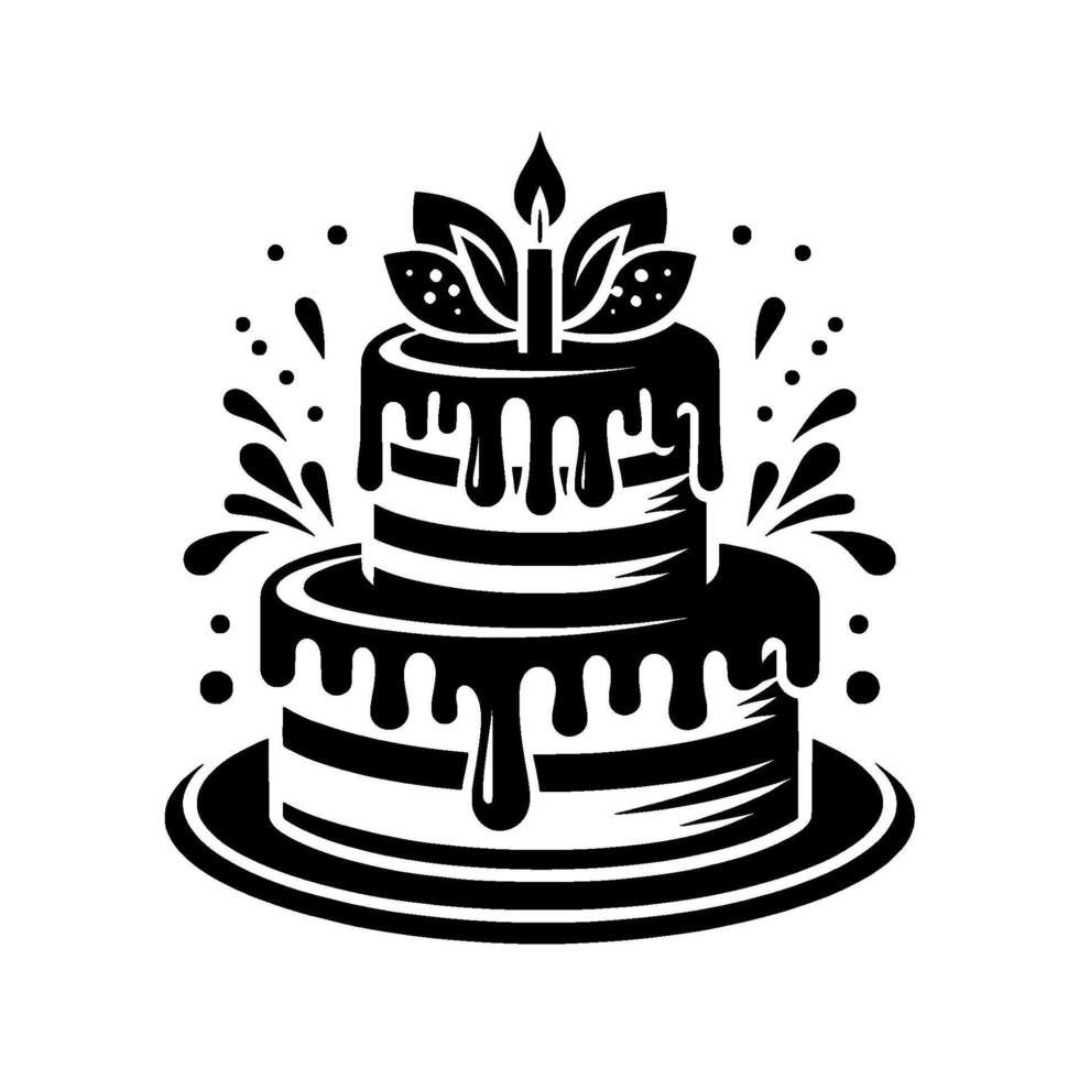 Elegant, twotier birthday cake in black and white, featuring dripping chocolate, a leafy topper, and a lit candle, celebrating with stylized splashes. vector