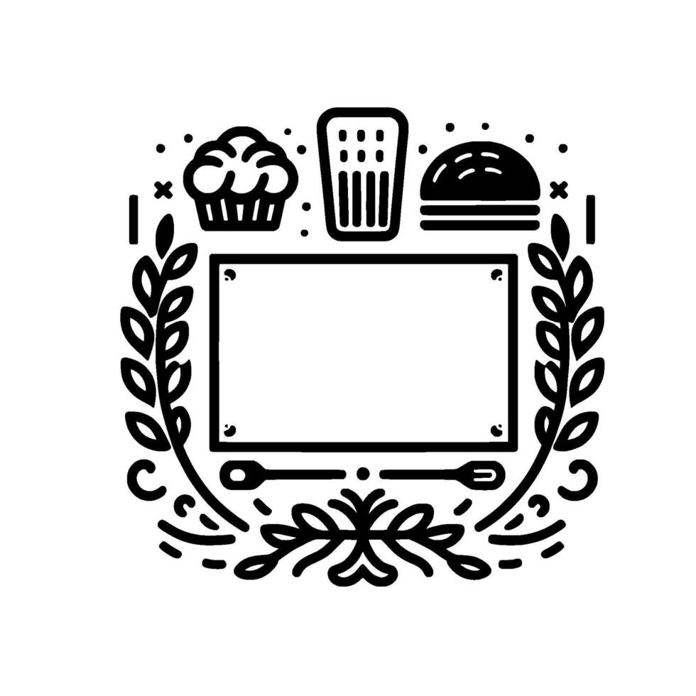 Black and white foodthemed emblem with a blank rectangular frame, surrounded by laurel, a cupcake, a drink, and a burger. vector