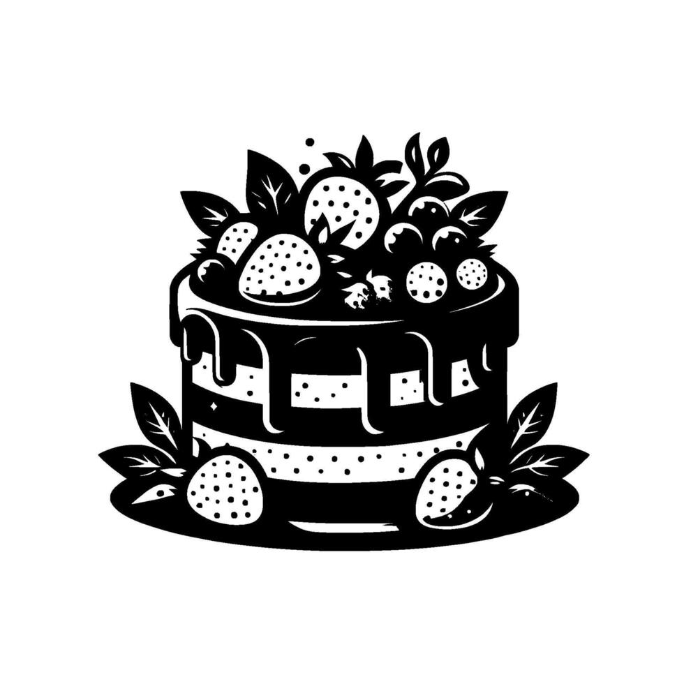 Monochrome layered cake illustration with strawberries, berries, and leafy garnish, drizzled chocolate, and decorative dots. vector