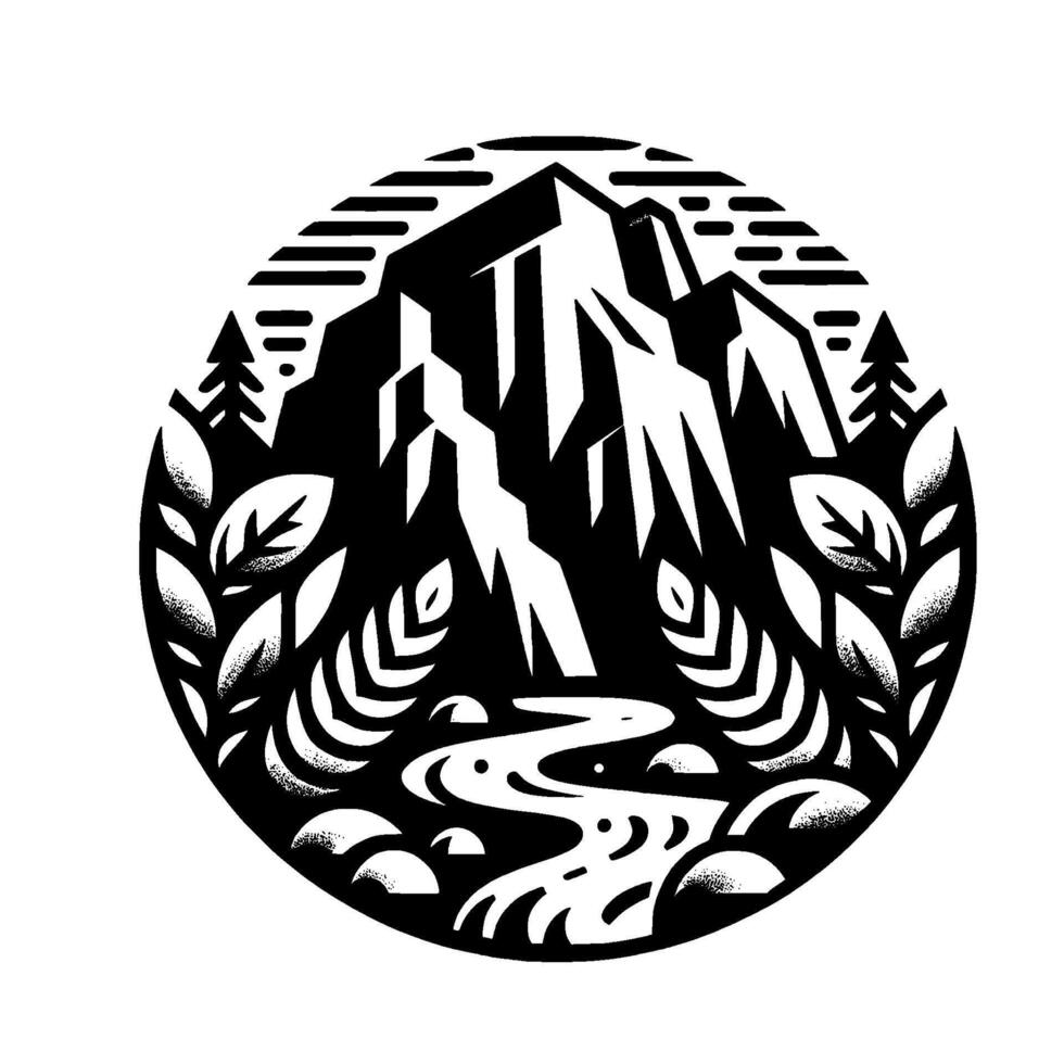 A bold black and white circle illustration of a mountain landscape, featuring jagged peaks, a winding river, and surrounding foliage. vector