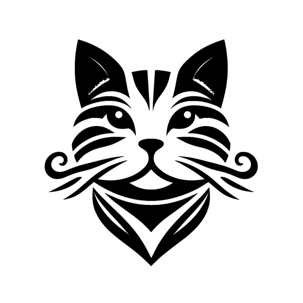 Stylized bw cat face, featuring bold striped markings, swirled whiskers, and a decorative neck design, isolated on white. vector