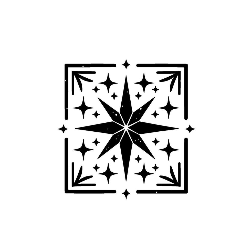 Of a symmetrical eightpointed star inside a square frame with smaller stars, minimalist, monochrome design. vector
