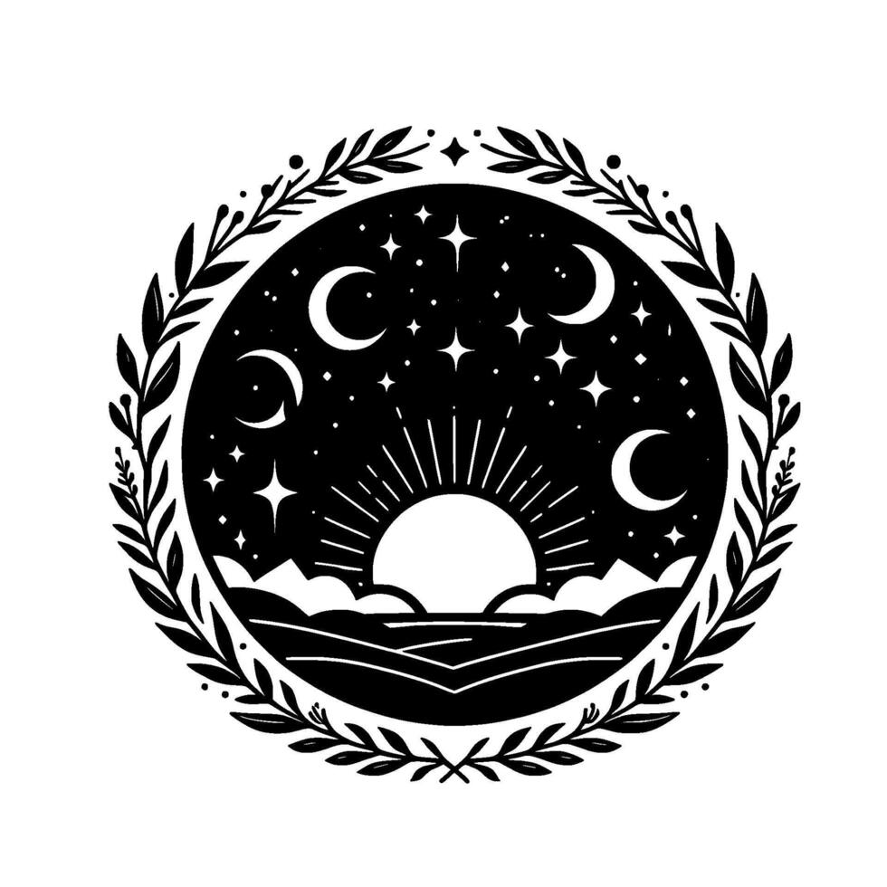 Celestial silhouette black and white circular artwork with sun, moon phases, stars, mountain range, and leafy border on white background. vector