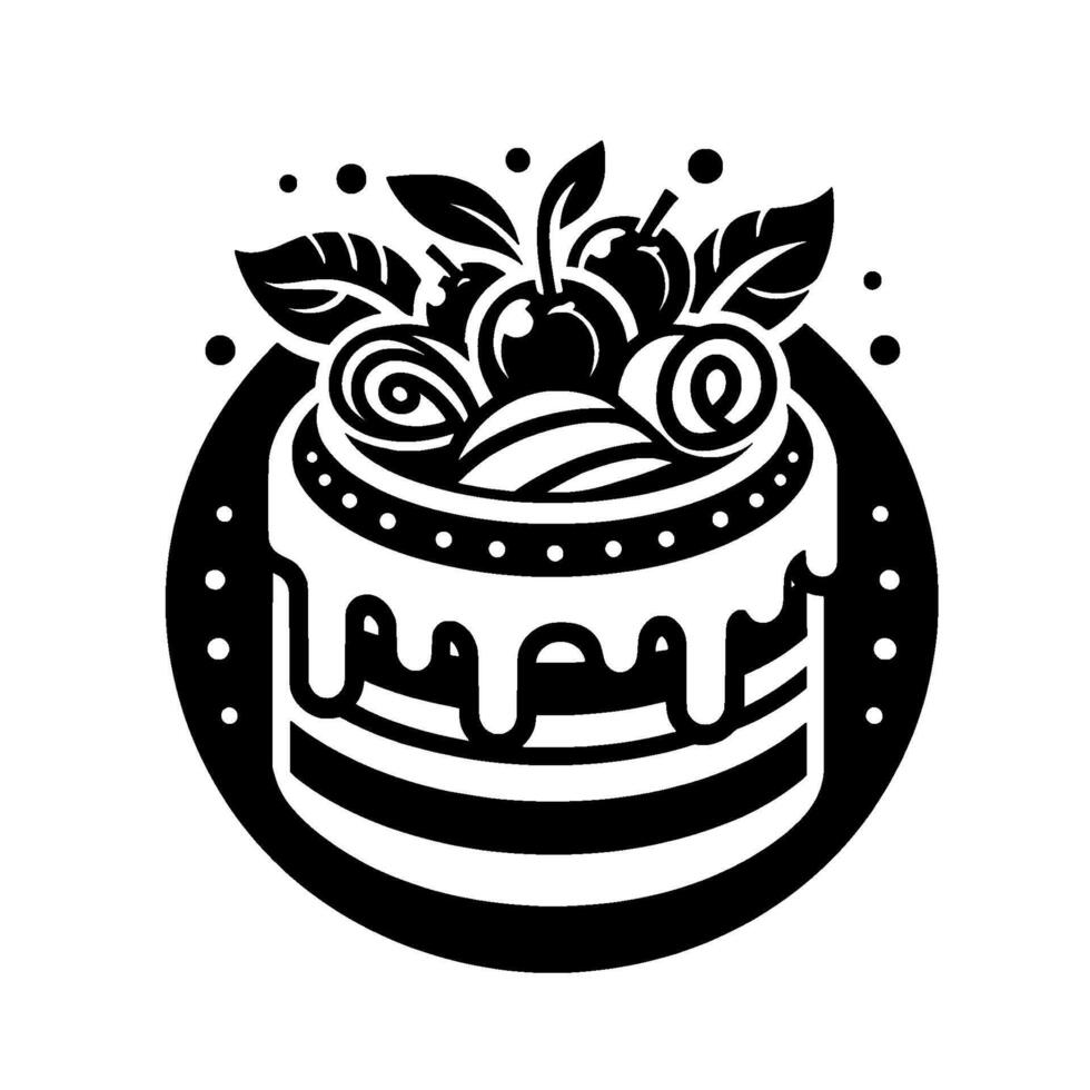 Monochromatic cake illustration black and white layered cake, cherries, leaves, and decorative swirls, set inside a black circular frame. vector