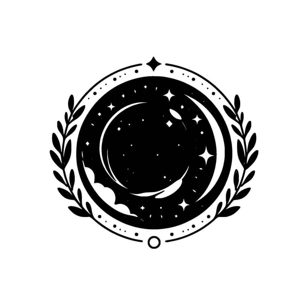 Celestial emblem a black and white illustration of crescent moon, stars, and foliage within a circular design. vector