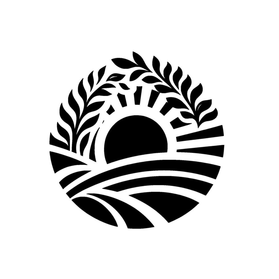 A stylized black and white emblem, a circular frame with sunrise over fields with leafy embellishments, embodying agriculture and nature. vector