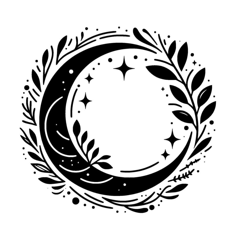 Celestial black and white circular featuring a crescent moon, stars, and foliage wreath, evoking mystical and whimsical imagery. vector