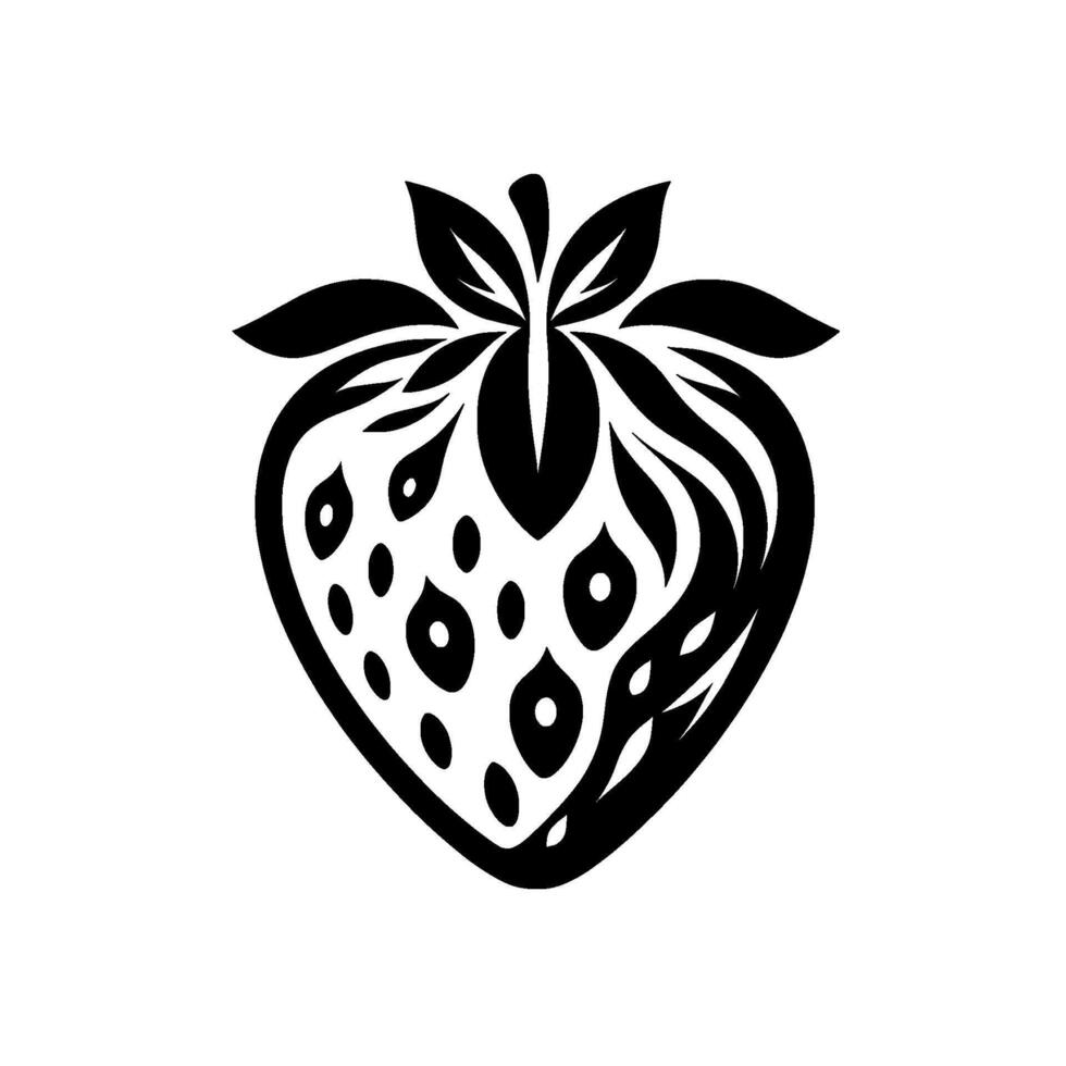 Stylized black and white strawberry design detailed, symmetrical illustration with seeds and leaves on a white canvas, and decorative. vector