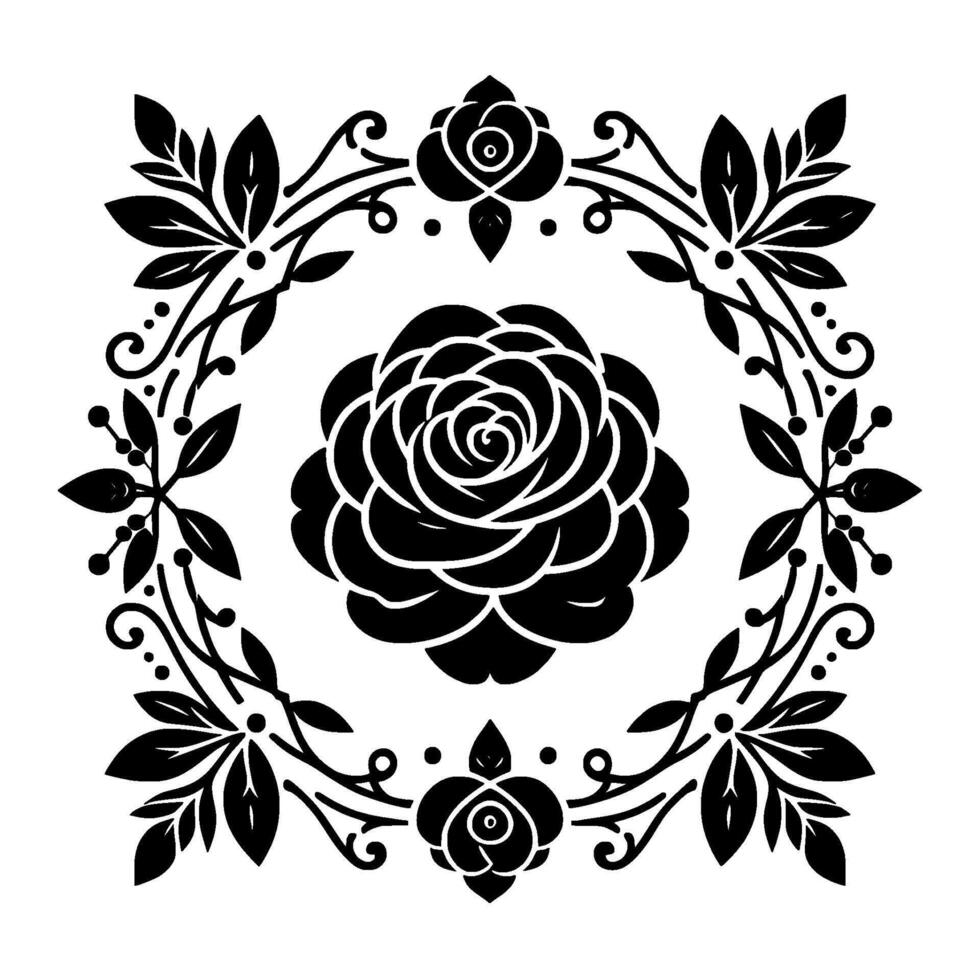 Intricate black and white rose floral in square frame, symmetric composition with detailed petals and foliage, aesthetic pattern. vector