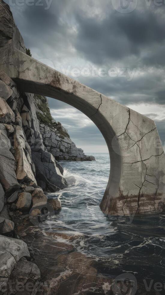 A bridge over the ocean with rocks and water photo