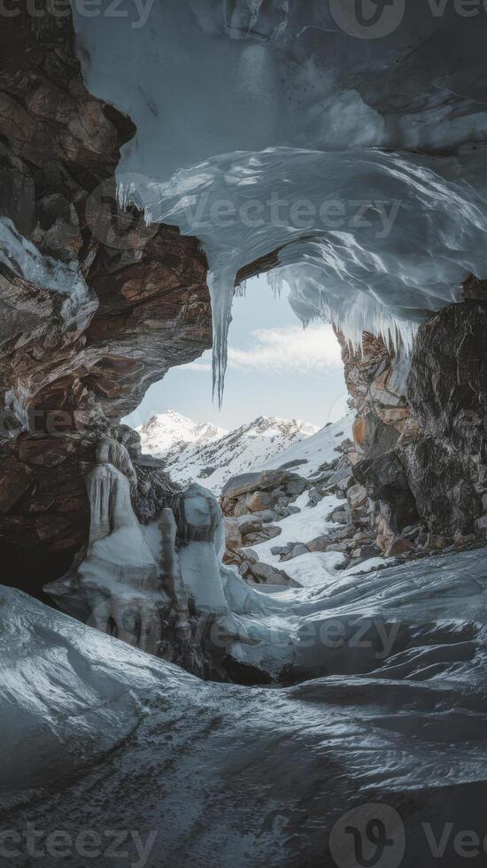 An ice cave with snow and ice on the ground photo