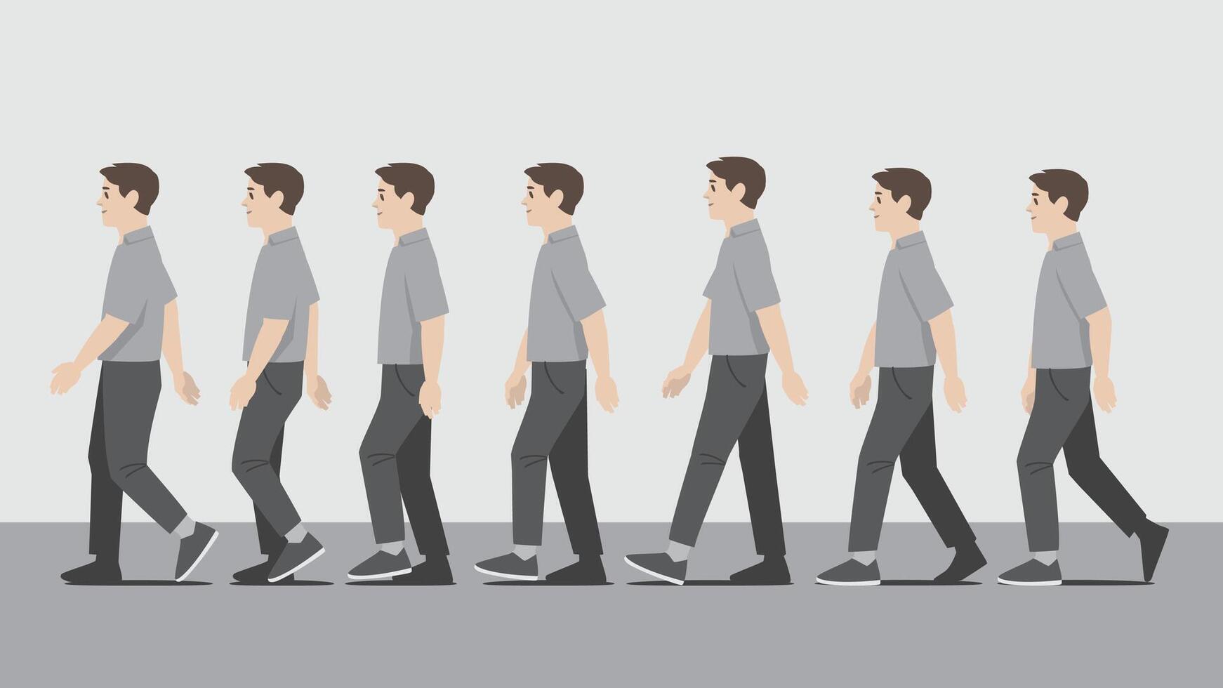 Animation of a man in grey shirt walking in side view showing the step cycle sequence vector