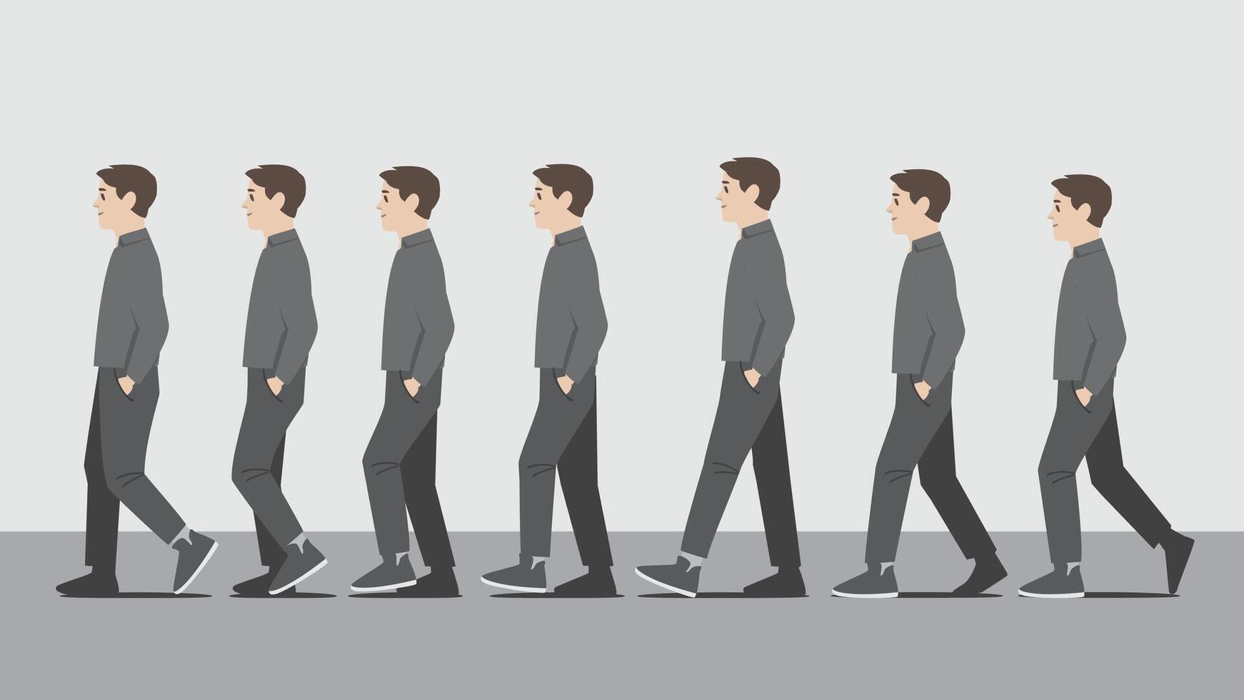 Animation of a man in dark shirt walking in side view showing the step cycle sequence vector