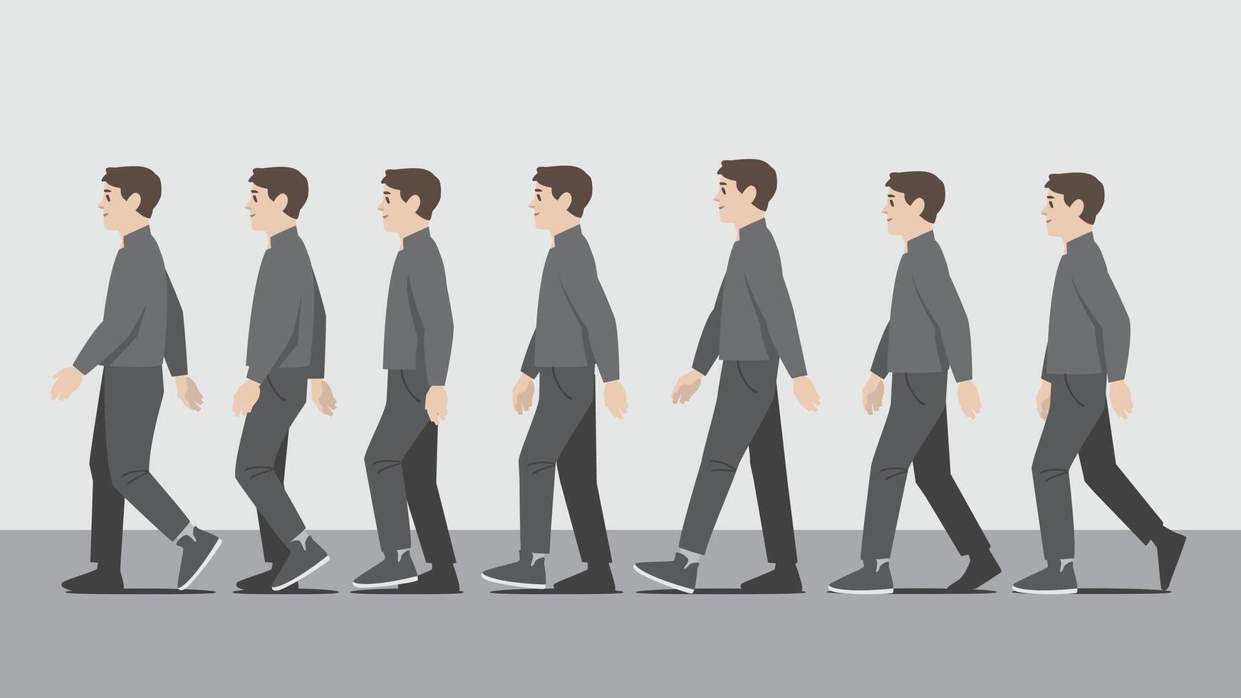 Animation of a man in dark shirt with one hand in pocket walking in side view showing the step cycle sequence vector