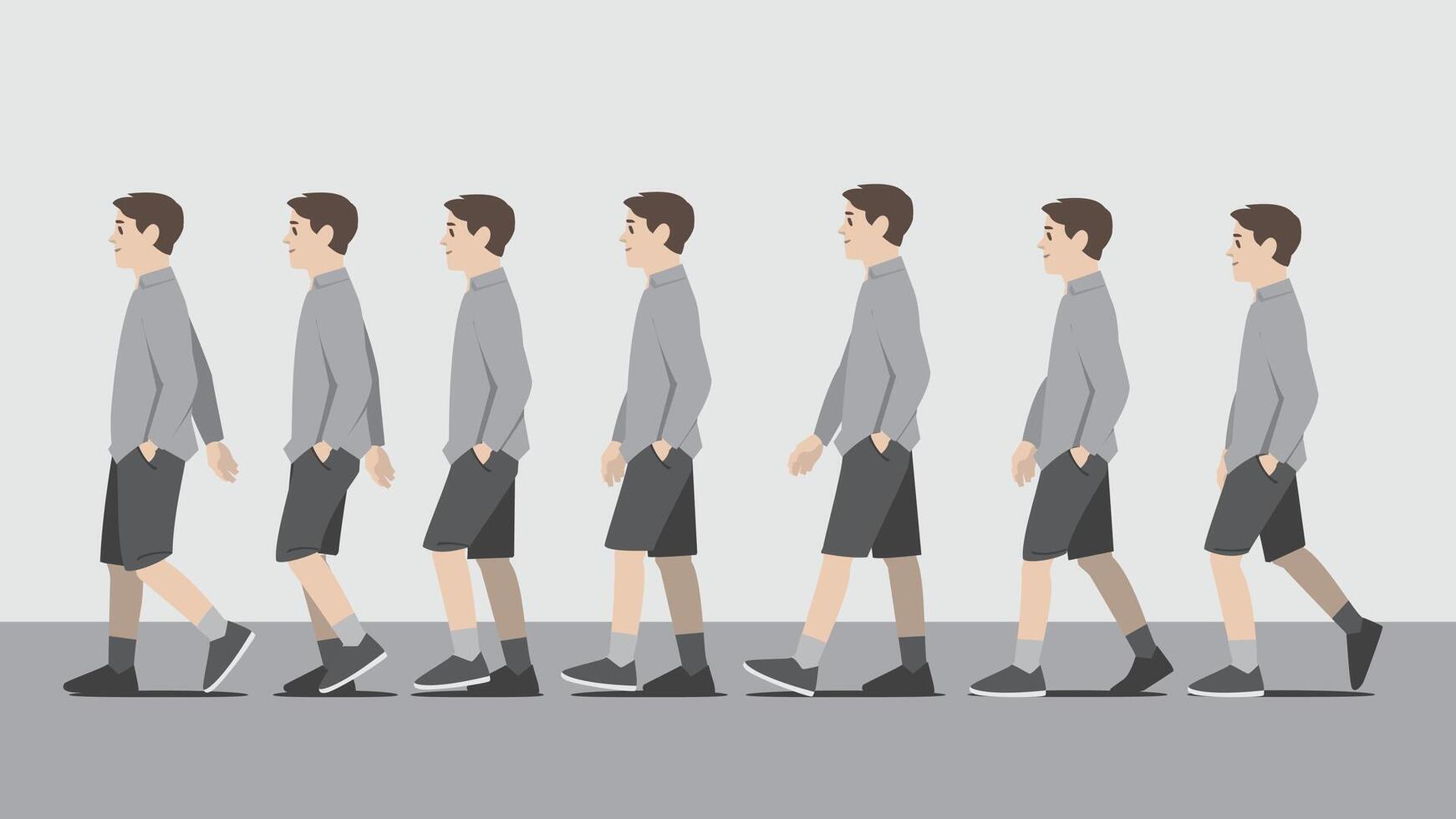 Animation of a man in long arm shirt walking in side view showing the step cycle sequence vector