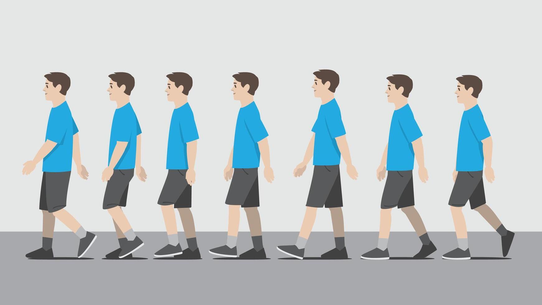 Animation of a man in blue shirt walking in side view showing the step cycle sequence vector