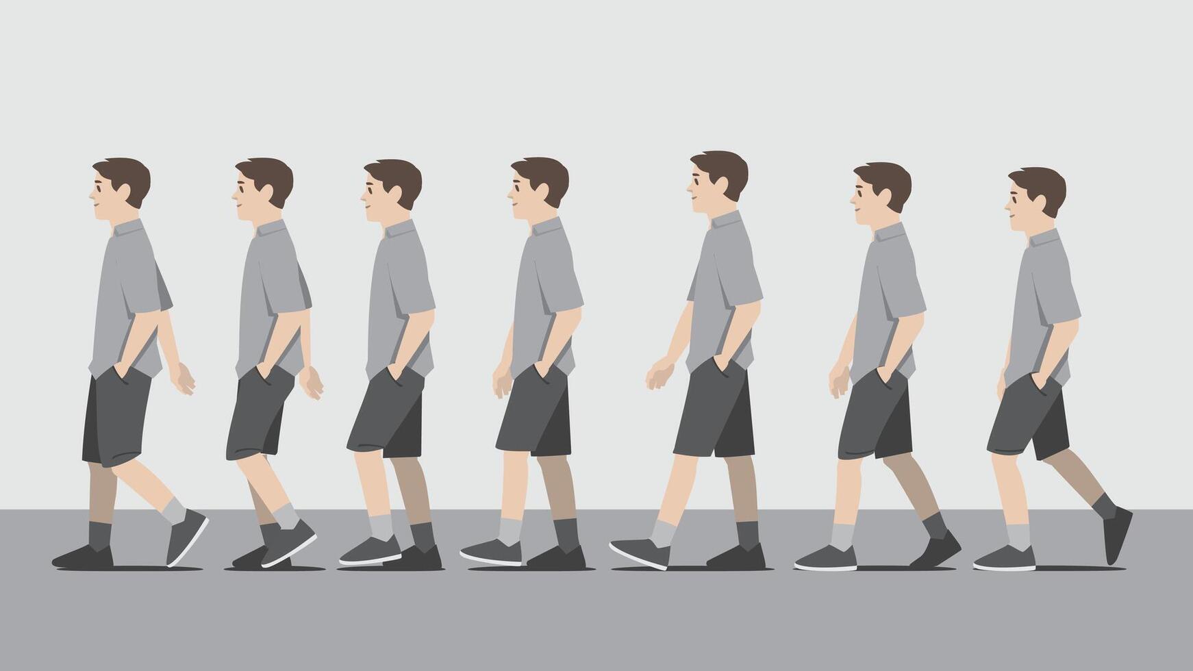 Animation of a man in grey shirt and short pants with one hand in pocket walking in side view showing the step cycle sequence vector