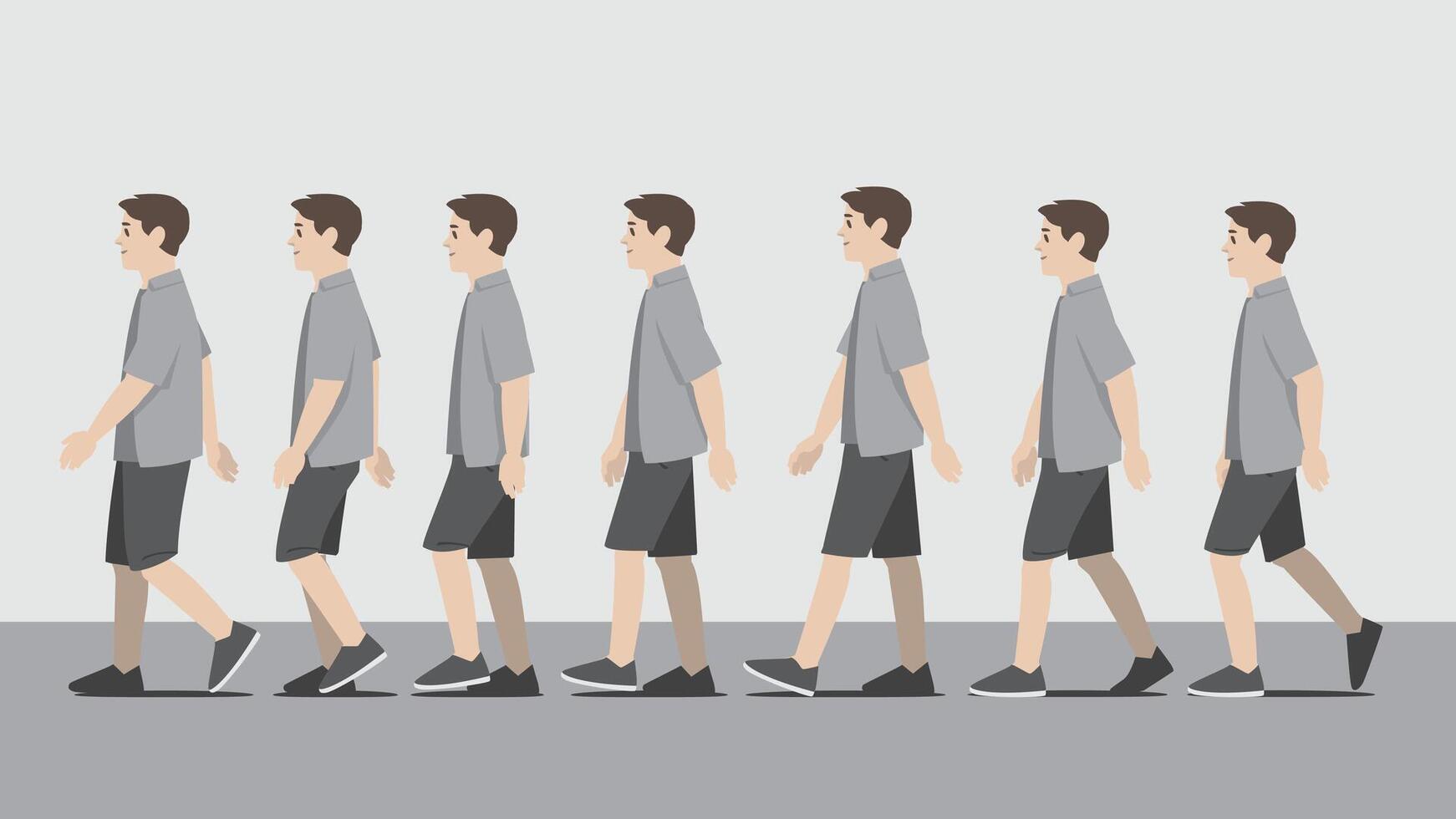 Animation of a man in open shirt walking in side view showing the step cycle sequence vector