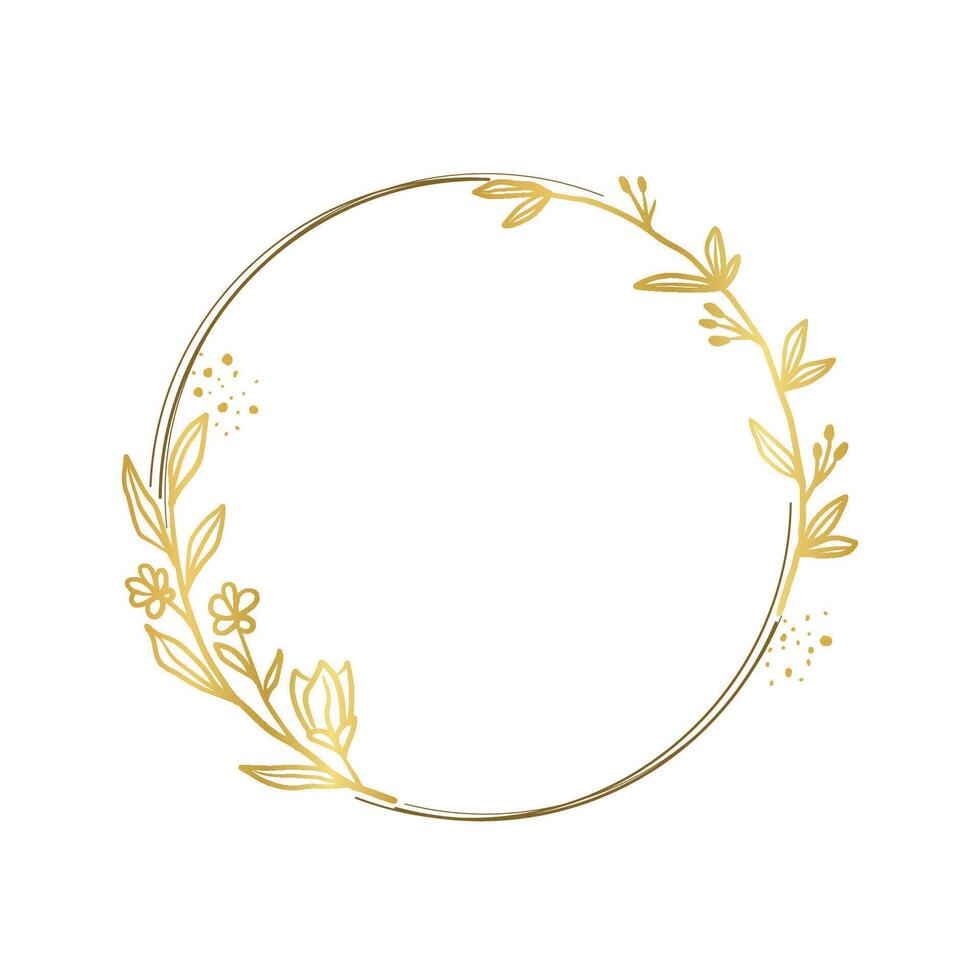 Gold Floral Circle Frame with Leaves and Sparkle vector
