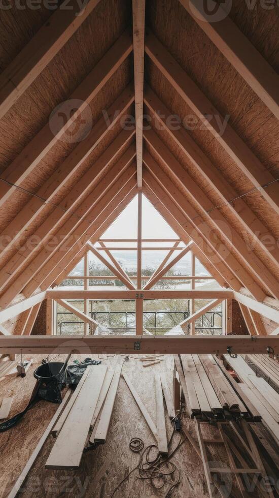 The inside of a wooden attic with wood framing photo