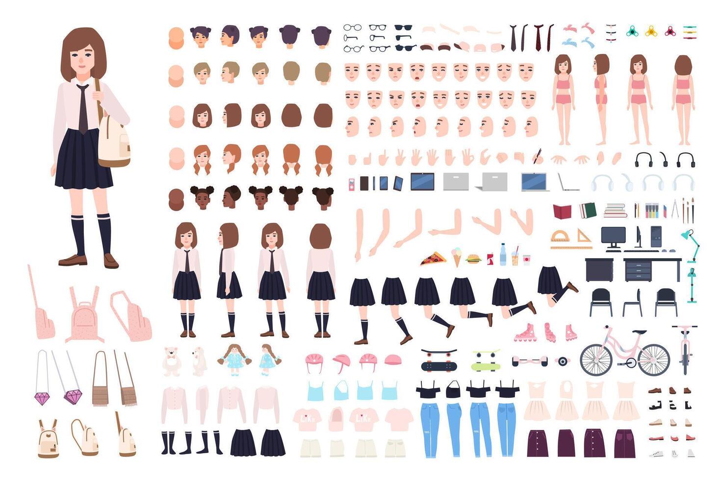 School girl constructor or DIY kit. Set of young female character body parts, facial expressions, uniform isolated on white background. Front, side and back views. Flat cartoon illustration vector