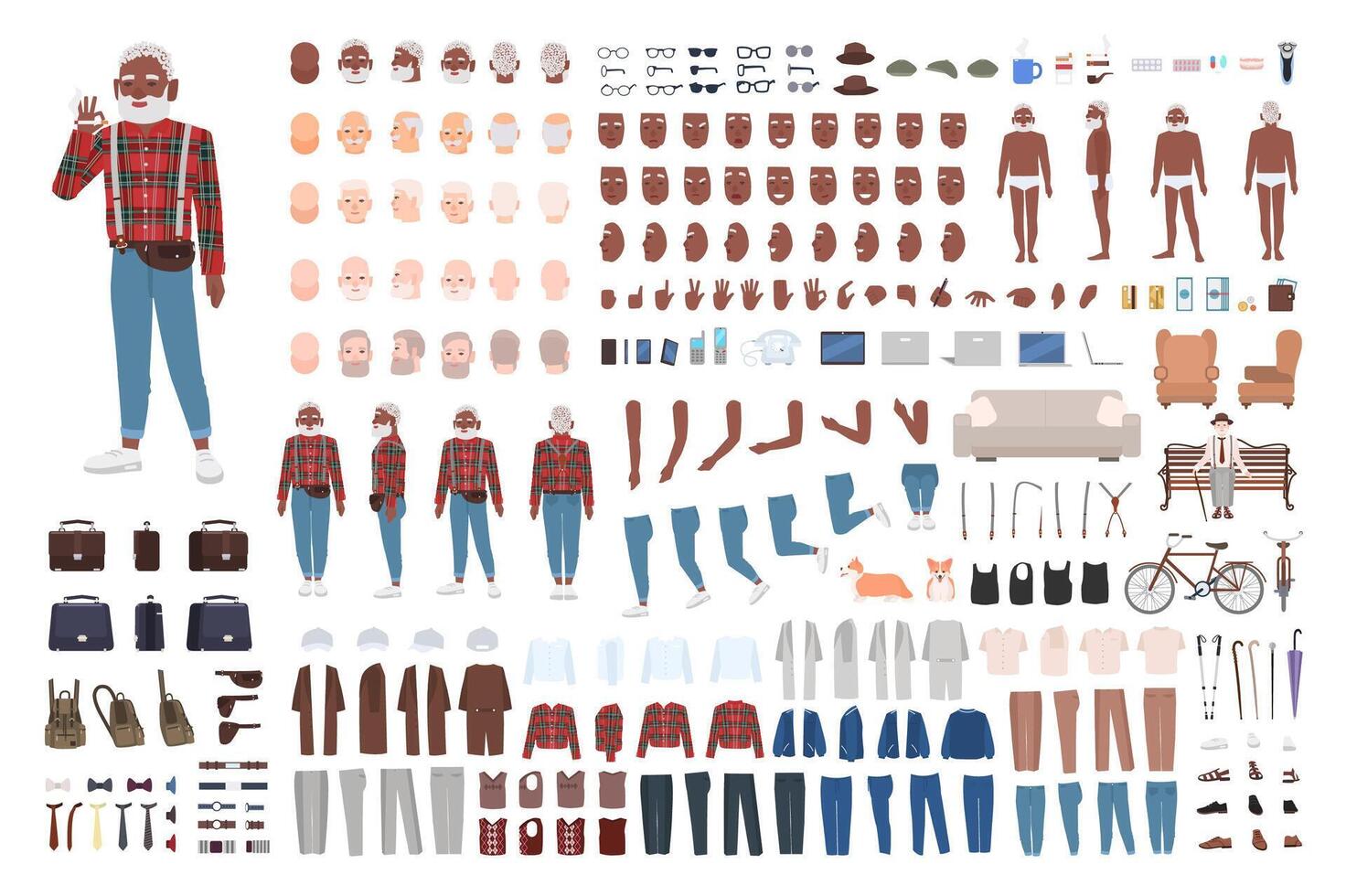 Stylish elderly man constructor or creation kit. Bundle of male character body parts, emotions, trendy clothing isolated on white background. Front, side and back views. Cartoon illustration vector