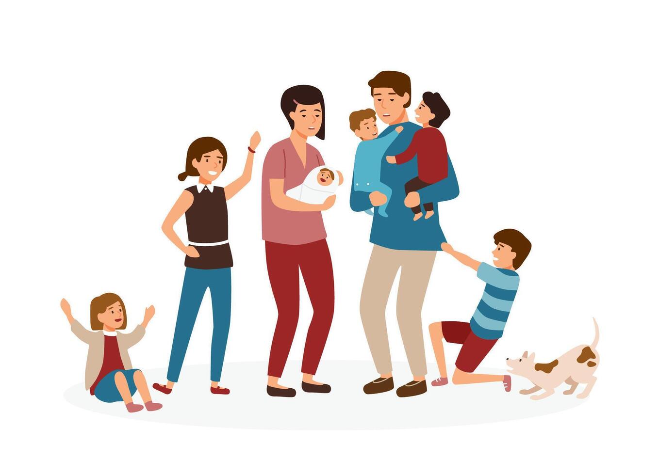 Big family with many children. Stressed and tired parents or exhausted mom and dad and nasty kids isolated on white background. Problem of tiring and stressful parenting. Cartoon illustration vector
