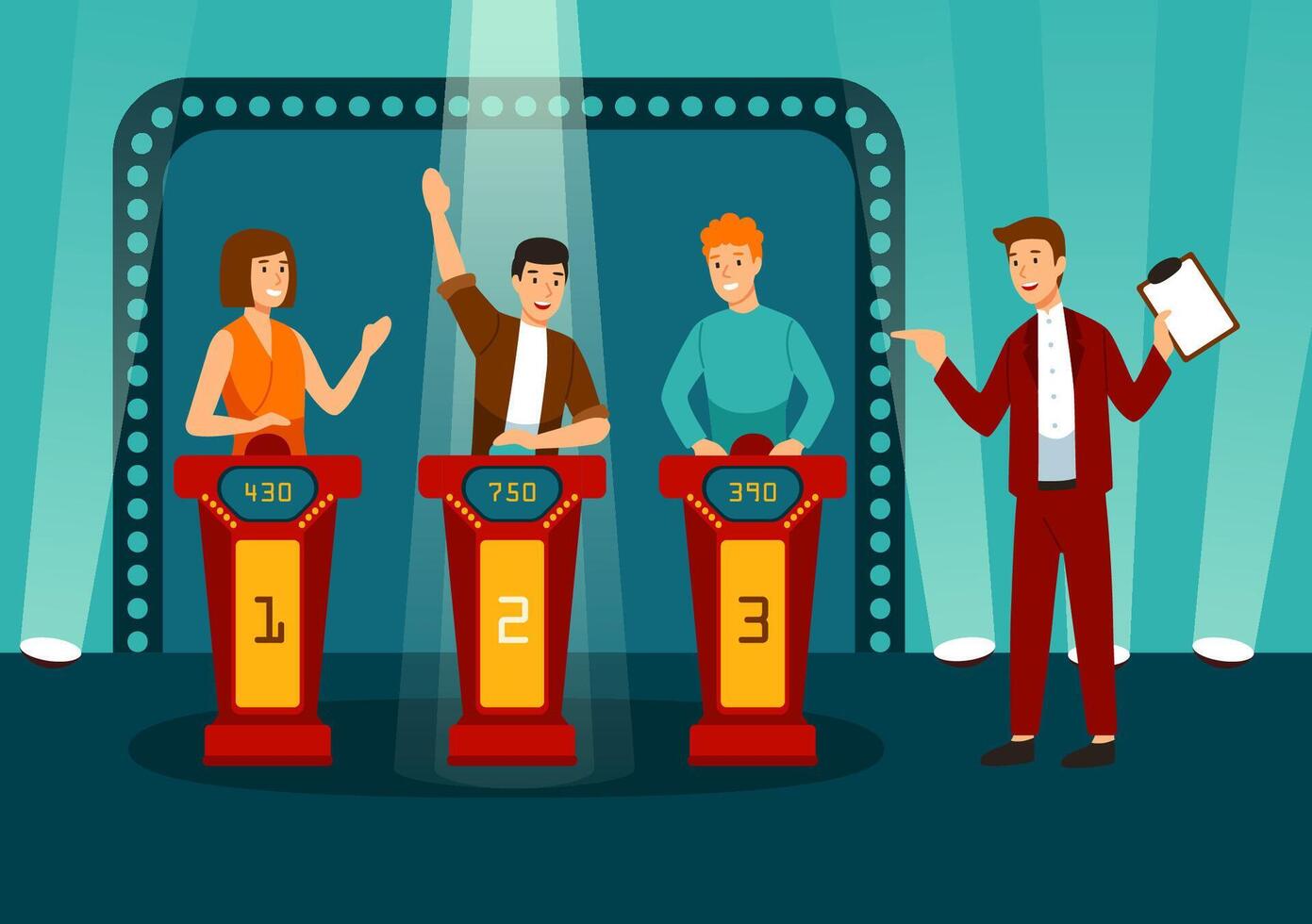 TV game show with three participants answering questions or solving puzzles and host. Smiling men and women participate in television quiz. Colorful illustration in flat cartoon style vector