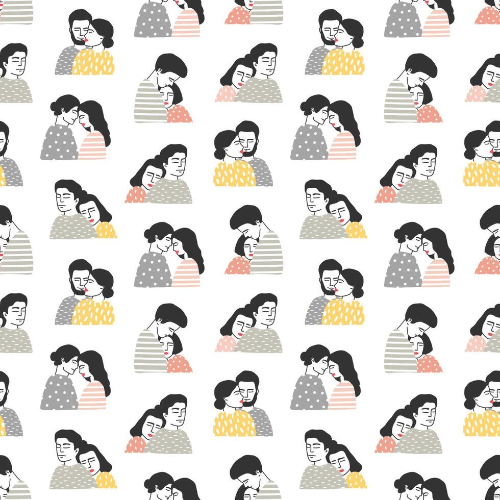 Seamless pattern with people in love. Backdrop with cute cuddling romantic couples or hugging men and women on white background. Hand drawn illustration for textile print, wrapping paper vector