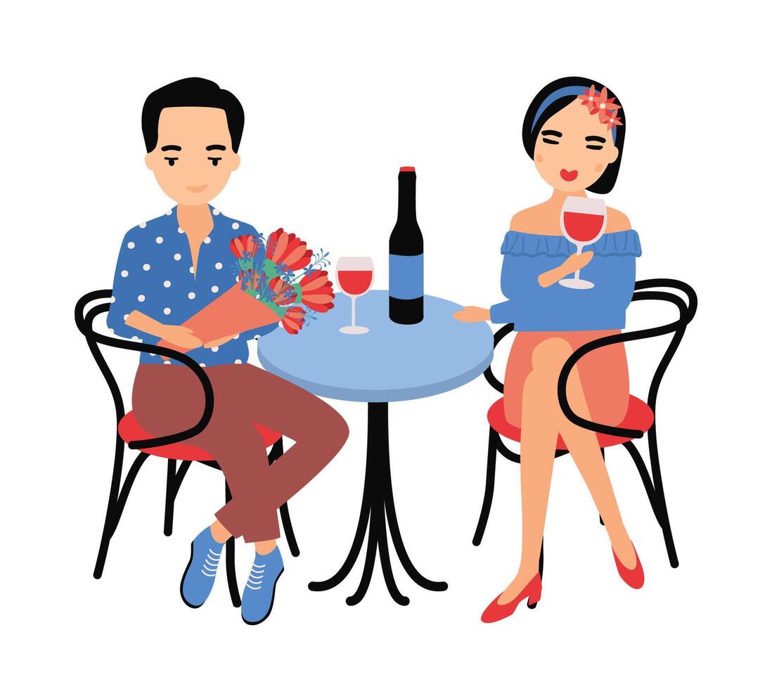Pair of young man and woman sitting at table and drinking red wine together. Couple in love at romantic date or meeting. Boy and girl at restaurant or cafe. Flat cartoon colorful illustration vector