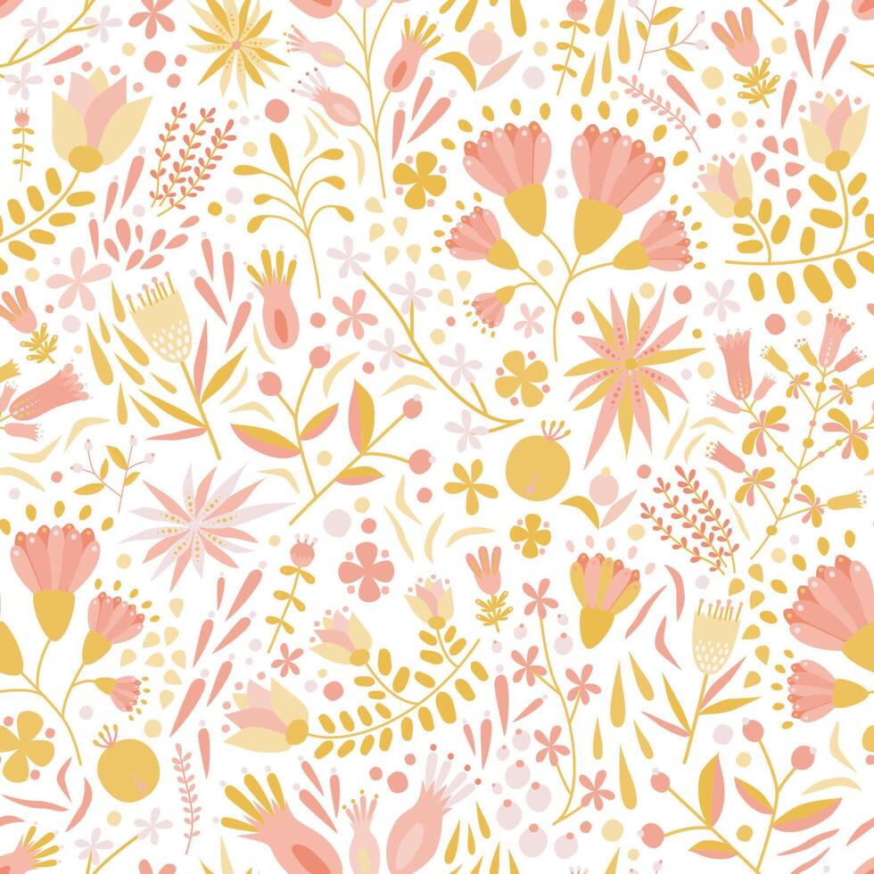 Floral seamless pattern with motley flowers and flowering plants on white background. Botanical backdrop. Flat cartoon colorful illustration for wrapping paper, textile print, wallpaper. vector