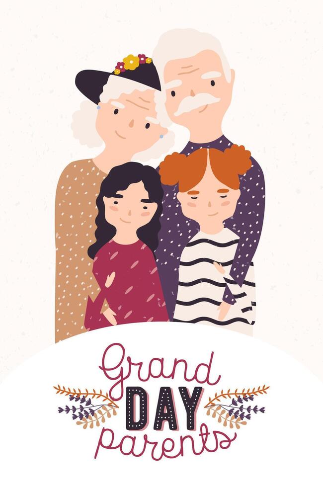 Elegant elderly couple embracing their grandchildren. Portrait of smiling grandmother, grandfather and granddaughters. Colorful illustration in flat cartoon style for Grandparents Day postcard vector