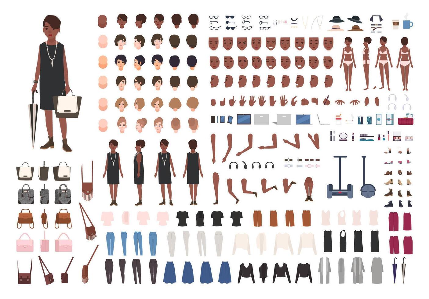 Stylish young African American lady DIY or animation kit. Bundle of female character body details, poses, gestures, elegant clothing isolated on white background. Flat cartoon illustration vector