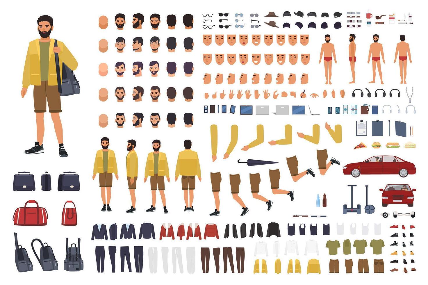 Caucasian man constructor or DIY kit. Collection of male character body parts, hand gestures, clothing isolated on white background. Front, side and back views. Flat cartoon illustration vector