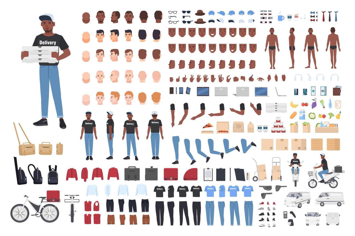 African American delivery boy constructor. Collection of male character body parts in different postures, uniform isolated on white background. Front, side and back views. Cartoon illustration vector