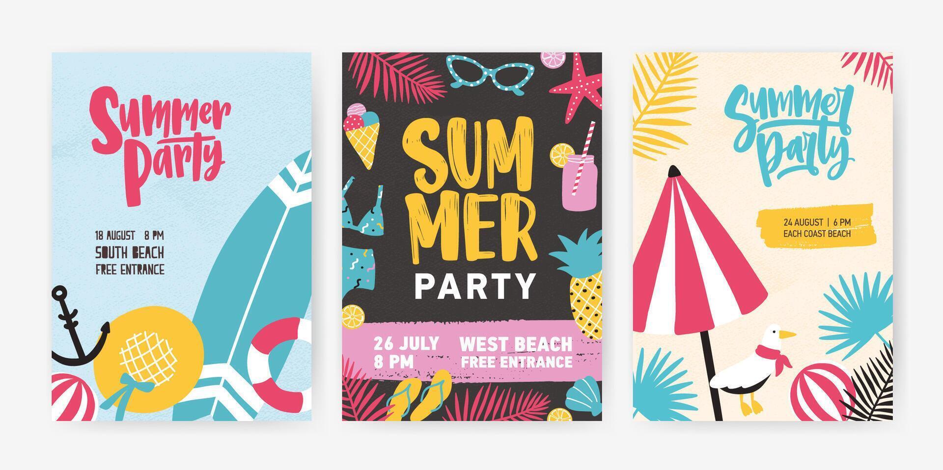 Set of tropical poster or invitation templates for summer beach party announcement. Modern illustration in cartoon style for summertime dance event or open air festival advertising or promo vector