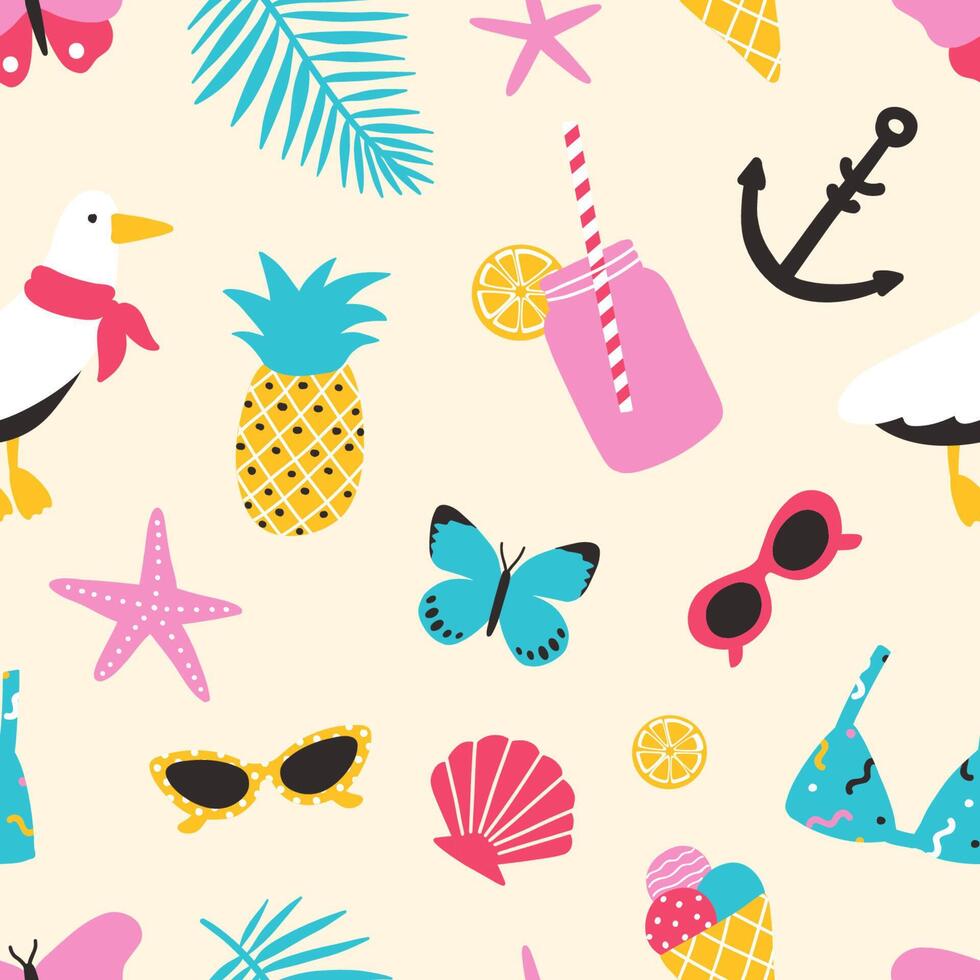 Summertime seamless pattern with exotic fruits, seashells, seagull, tropical leaves, sunglasses, butterflies. Summer backdrop. illustration for fabric print, wrapping paper, wallpaper vector