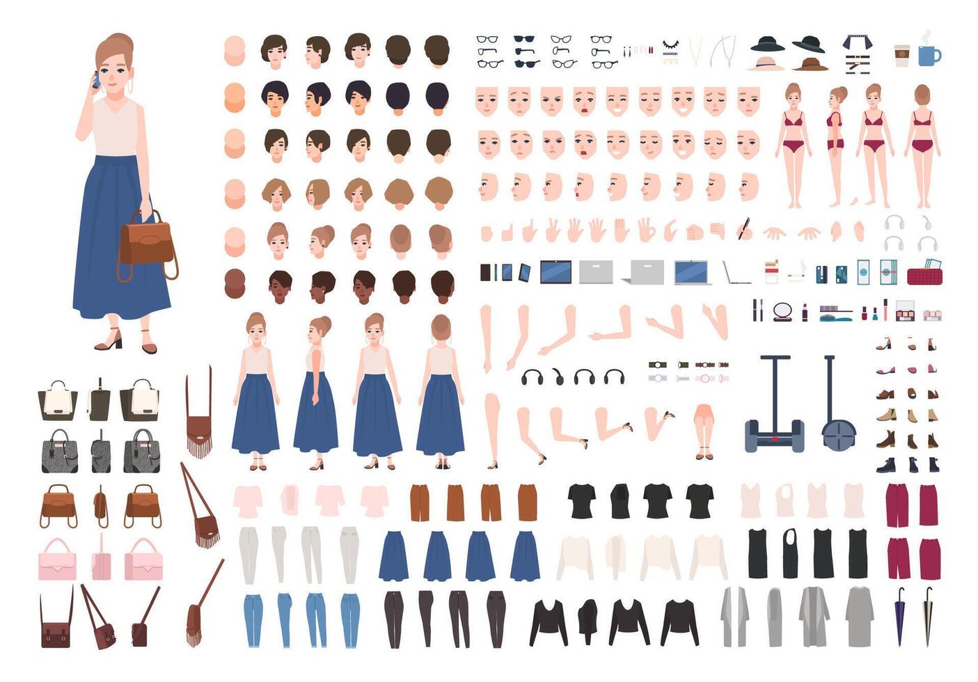 Modern young woman constructor or animation kit. Collection of female character body parts, gestures, stylish clothing, gadgets isolated on white background. Flat cartoon illustration vector