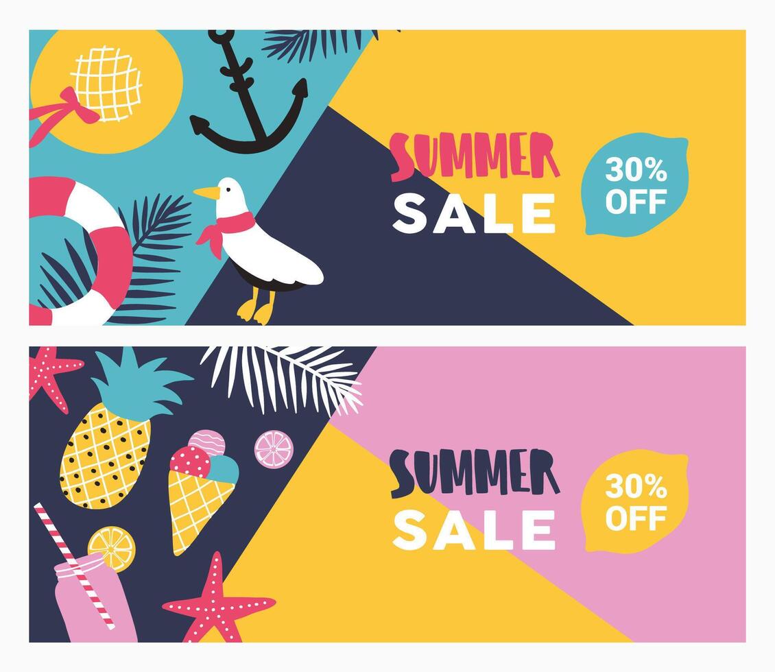 Collection of colorful promotional banner templates with summer attributes and place for text. illustration in flat cartoon style for seasonal sale and discounts advertisement or promotion vector