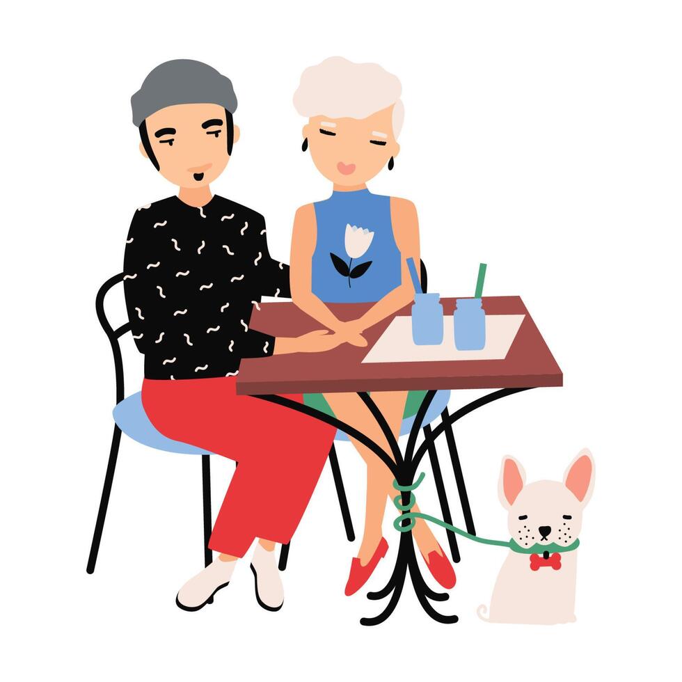 Boy and girl drinking cocktails together and their pet dog sitting under table. Couple embracing at romantic dinner. Male and female cartoon characters at cafe. Flat colorful illustration vector