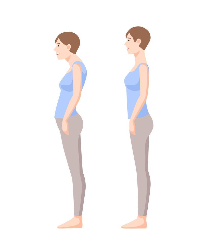Young smiling woman standing in good and bad postures isolated on white background. Neutral spine, correct and incorrect poses. Side view. Colorful illustration in flat cartoon style vector