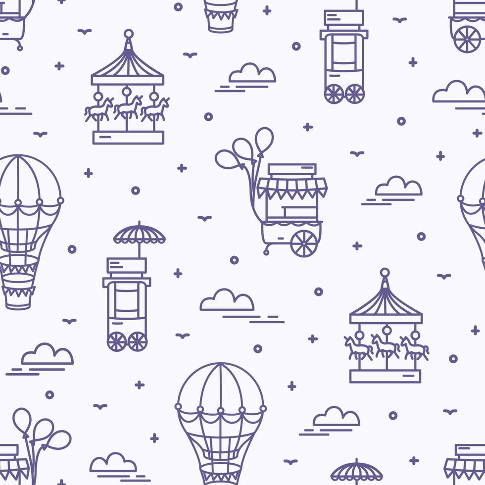 Seamless pattern with amusement park attractions drawn with contour lines on white background. Backdrop with carousels, food carts and air balloons. Monochrome illustration in lineart style vector