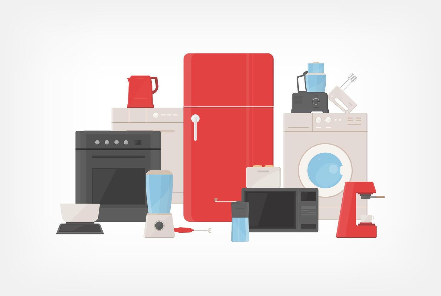 Pile of kitchen utensils, household appliances, cooking facilities, electric tools and equipment for food preparation isolated on white background. Colorful illustration in flat cartoon style vector