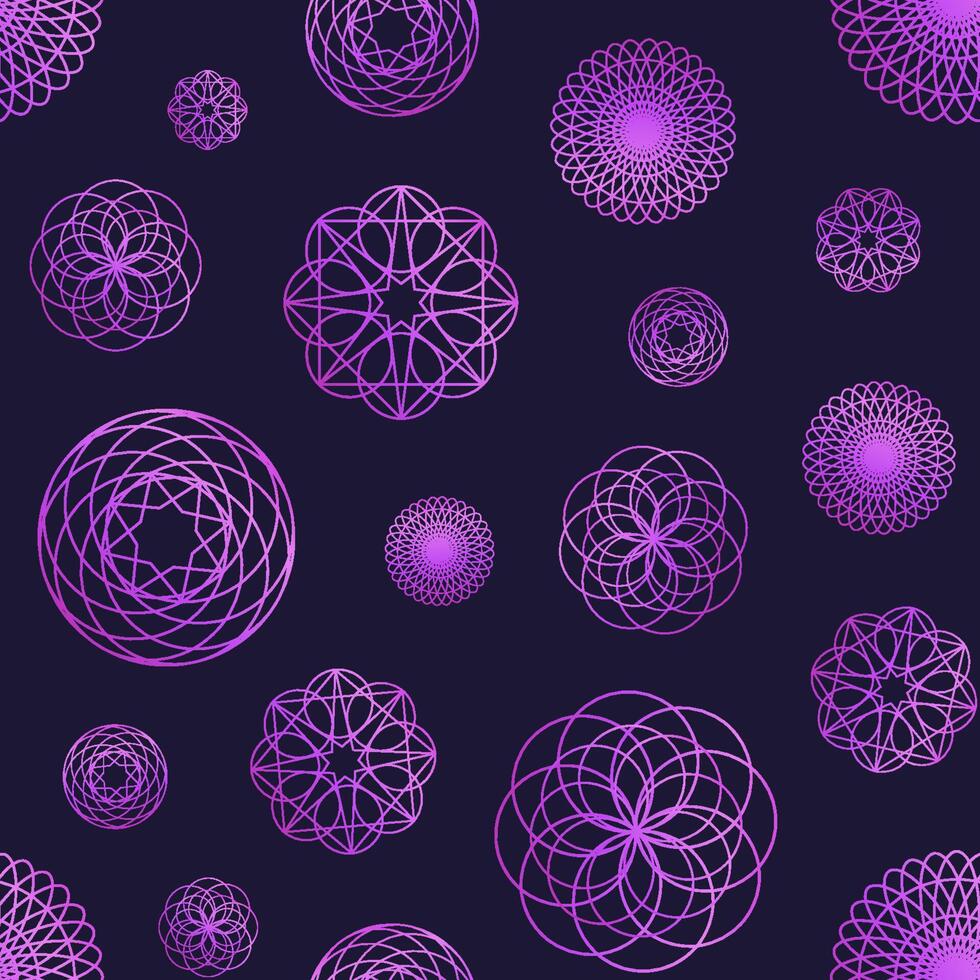 Creative seamless pattern with geometric shapes drawn with purple contour lines on black background. Modern ornamental backdrop. illustration for wrapping paper, textile print, wallpaper vector