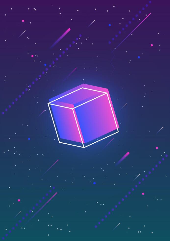Abstract vertical backdrop with glowing gradient colored cube and its outline against gorgeous night sky full of stars or outer space on background. illustration in contemporary art style vector